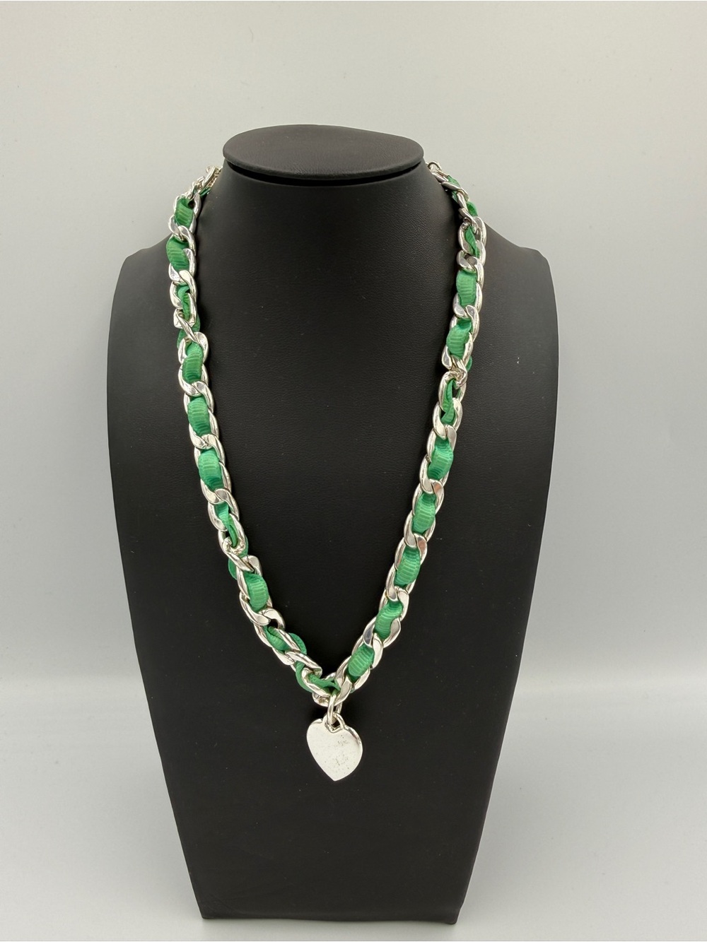 Silver Chain Necklace with Green Ribbon and Heart Charm
